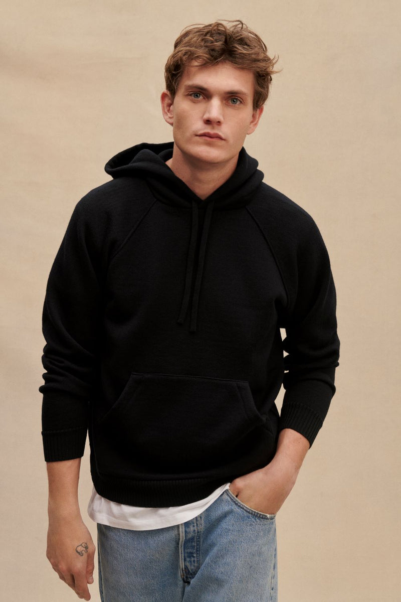 Hoodie noir en laine mérinos pour homme