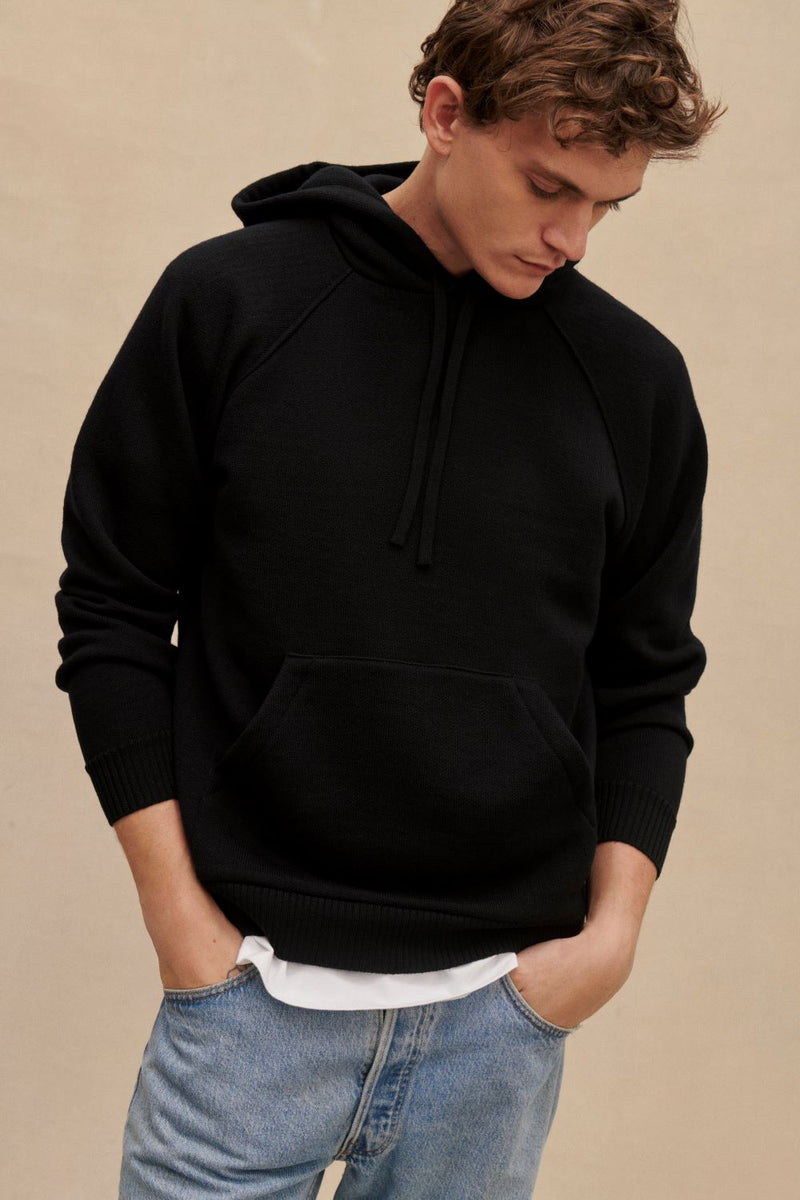 Hoodie noir en laine mérinos pour homme