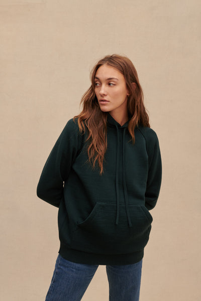 Women's dark green merino wool hoodie