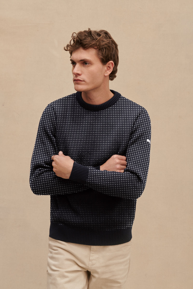 Pull col rond Norvégien marine et écru pour homme