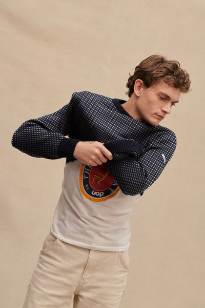 Pull col rond Norvégien marine et écru pour homme