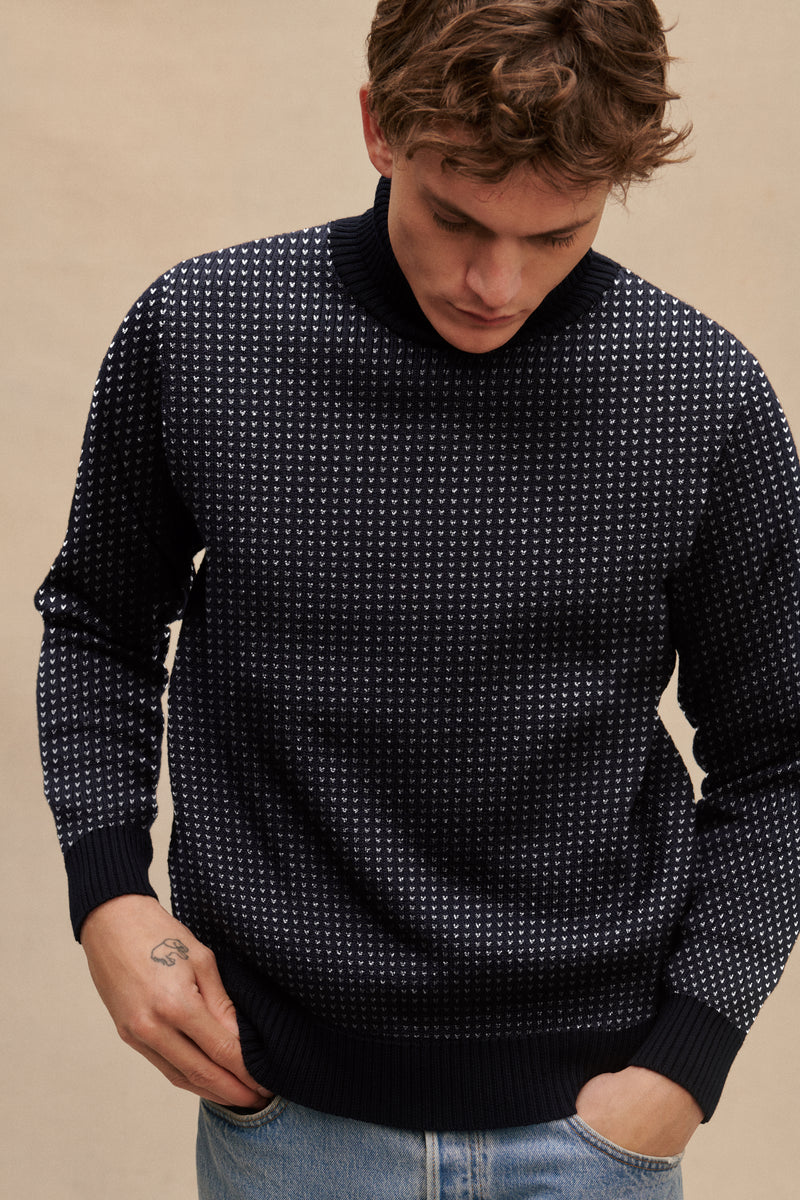 Pull col roulé Norvégien marine et écru pour homme