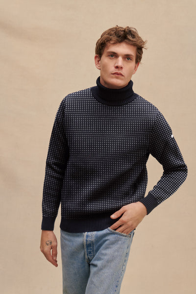 Pull col roulé Norvégien marine et écru pour homme