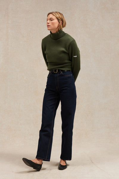 Pull col roulé Norvégien olive pour femme