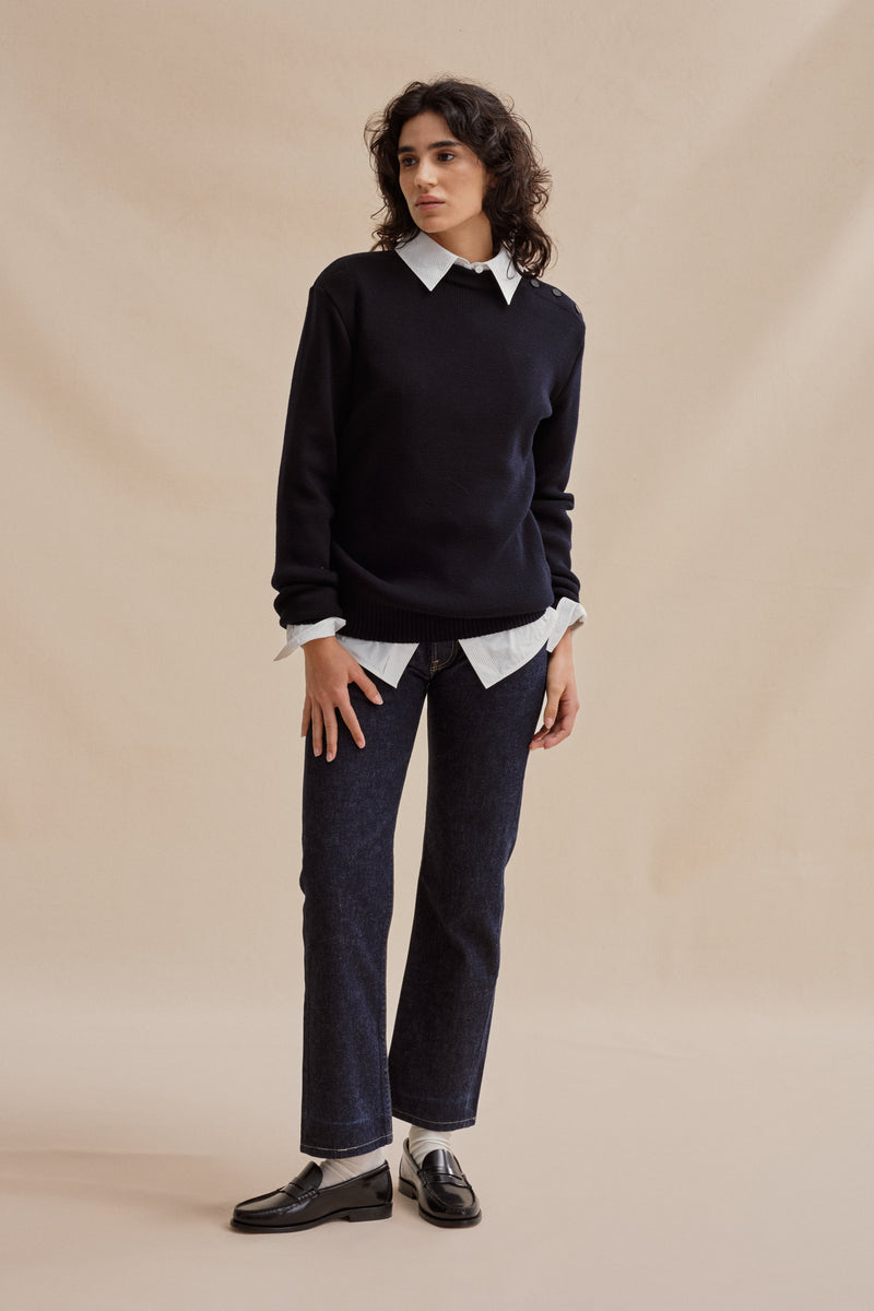 Pull marin ample bleu marine en laine mérinos pour femme