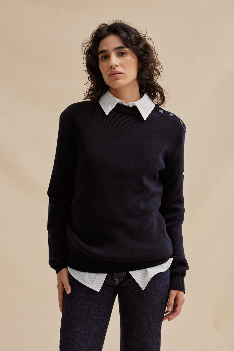 Pull marin ample bleu marine en laine mérinos pour femme