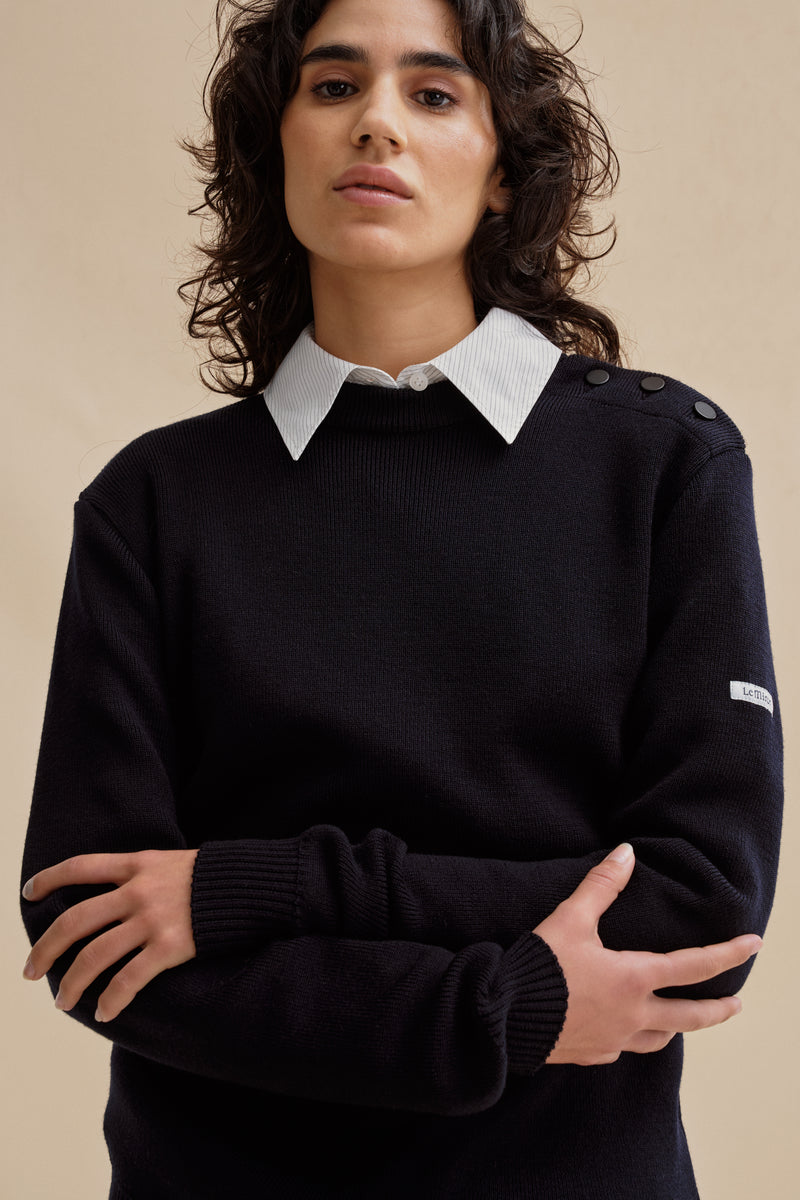 Pull marin ample bleu marine en laine mérinos pour femme