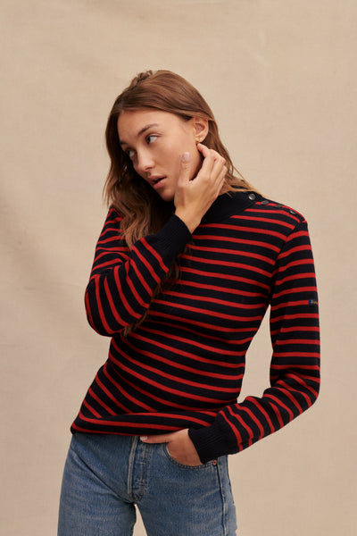 Women's Navy and Red Breton Stripe Sweater