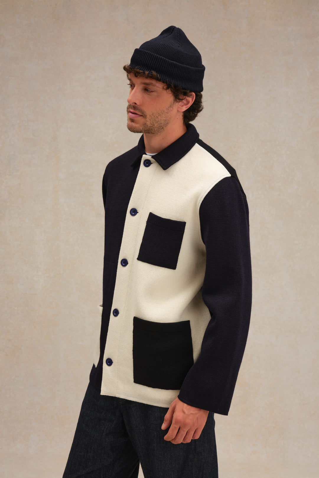 MEN’S WINDBLOCK MOLE YARN KNIT BLOUSON Men's Milano knit work jacket | Le Minor x Le Laboureur