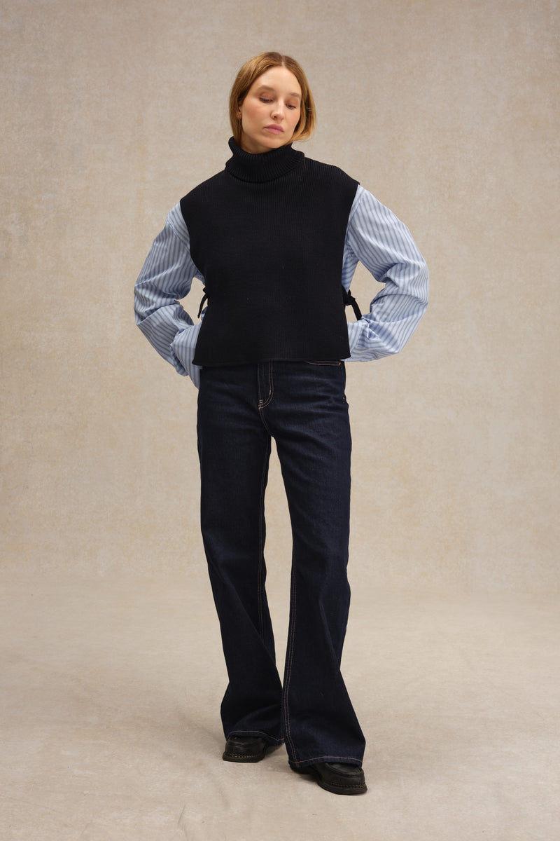 Plastron col roulé bleu marine en laine mérinos pour femme