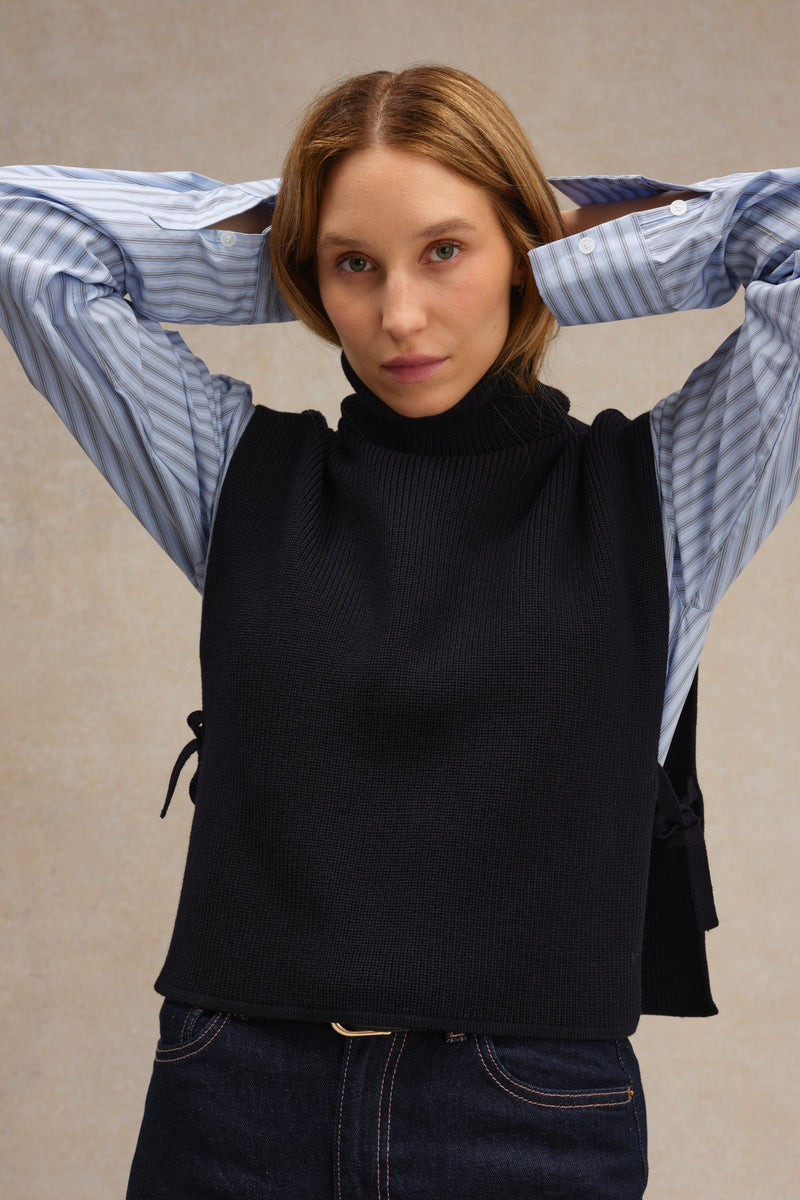 Plastron col roulé bleu marine en laine mérinos pour femme