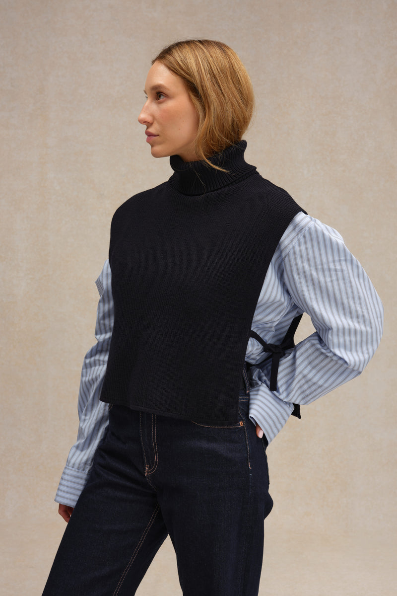 Plastron col roulé bleu marine en laine mérinos pour femme