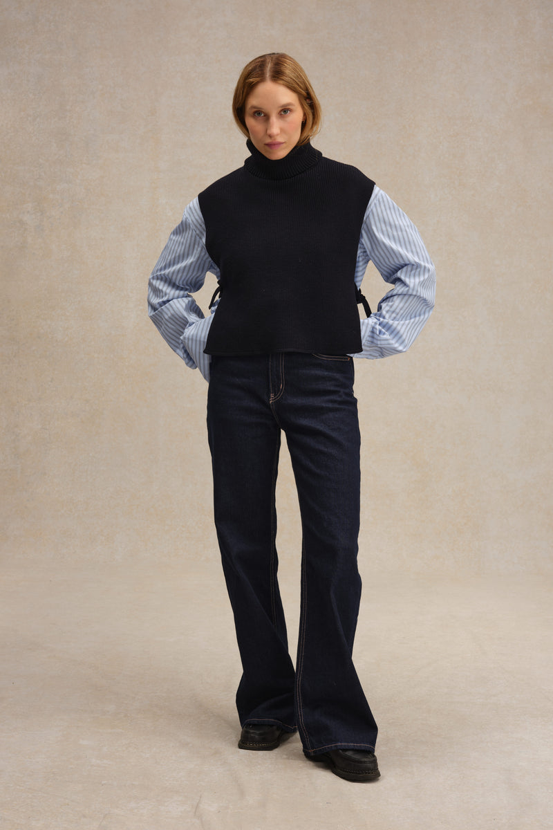 Plastron col roulé bleu marine en laine mérinos pour femme