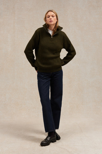 Pull camionneur olive en laine vierge pour femme