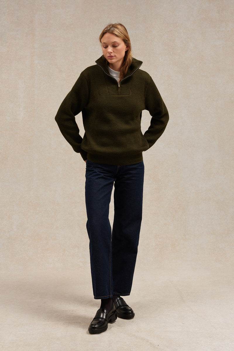 Pull camionneur olive en laine vierge pour femme
