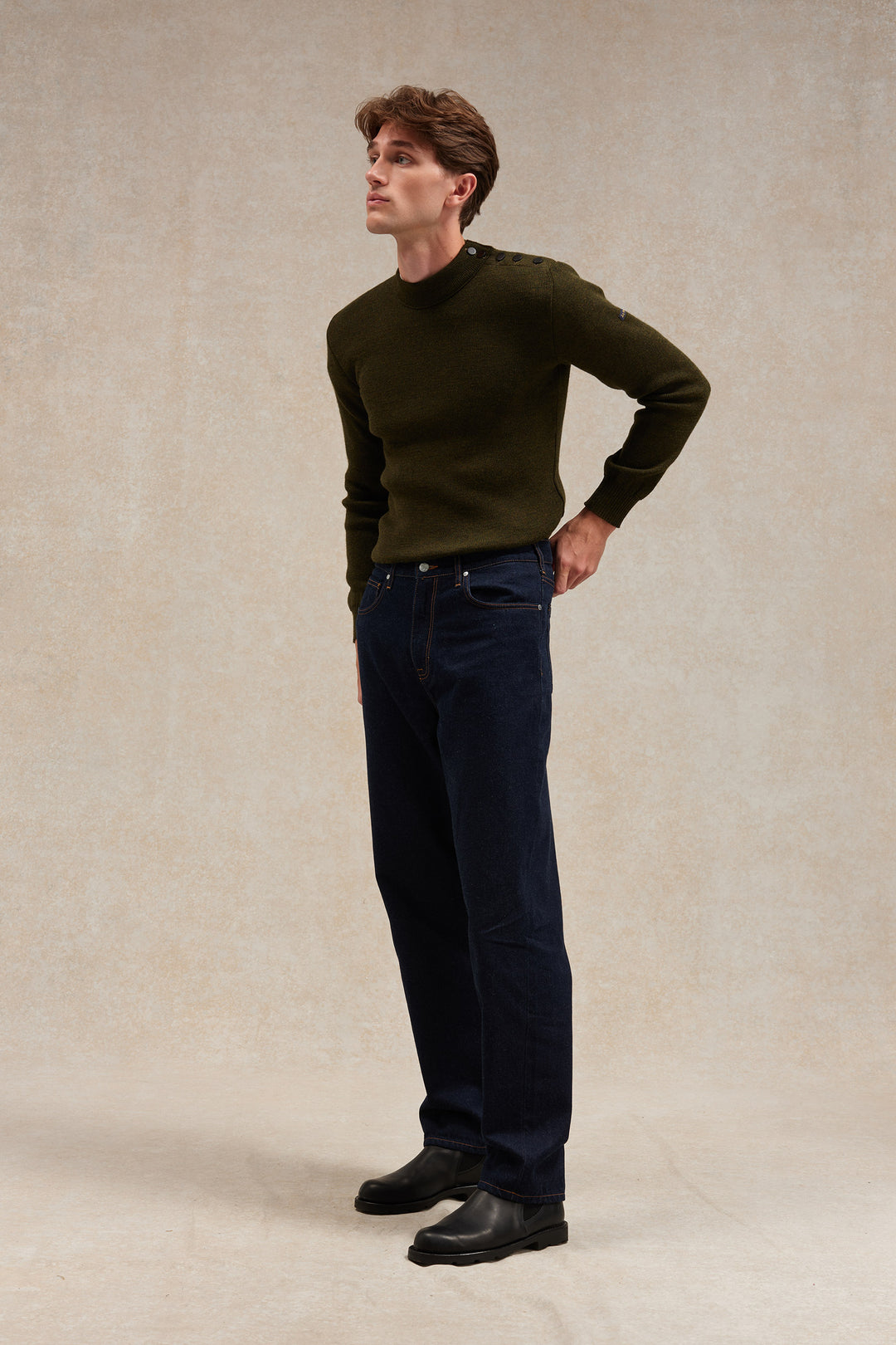 Men's olive sailor sweater in virgin wool | Le Minor