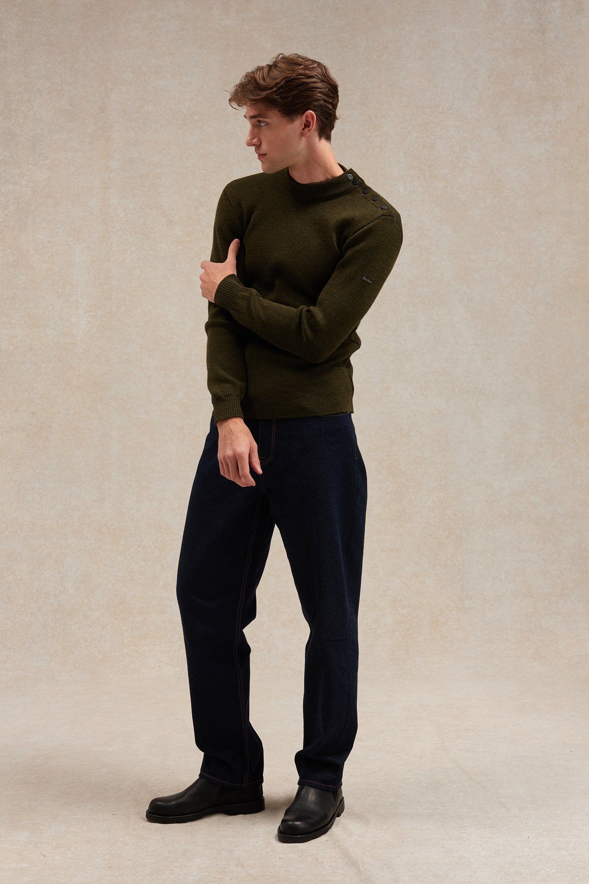 Pull marin olive en laine vierge pour homme | Le Minor