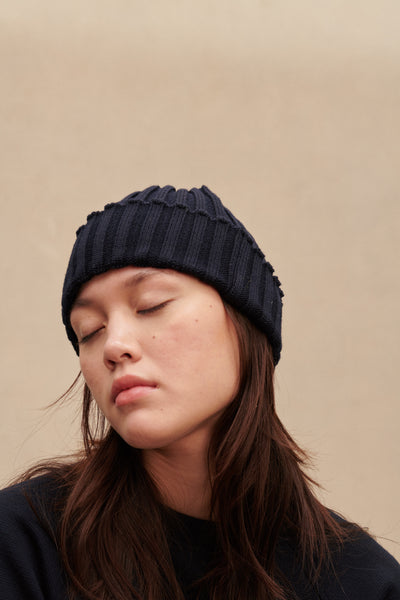 Inky blue ribbed beanie 100% merino wool