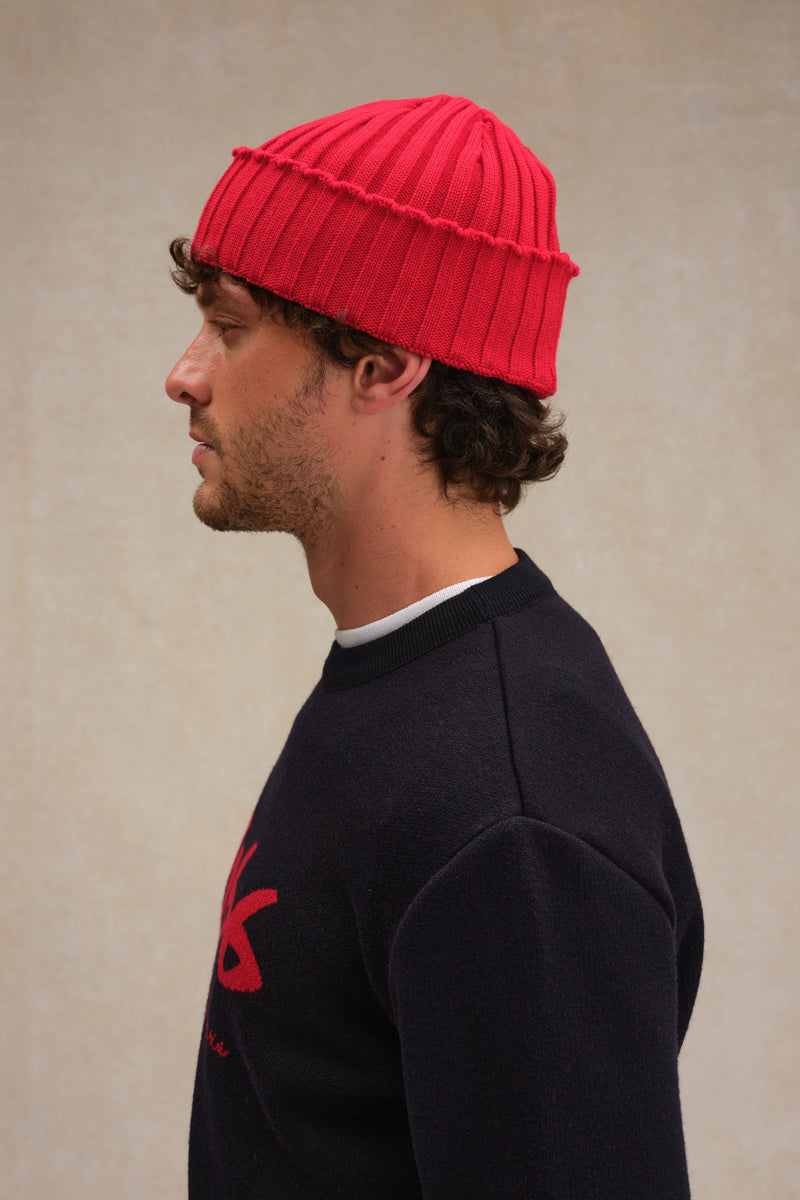 Bonnet à côtes rouge sémaphore 100% laine mérinos