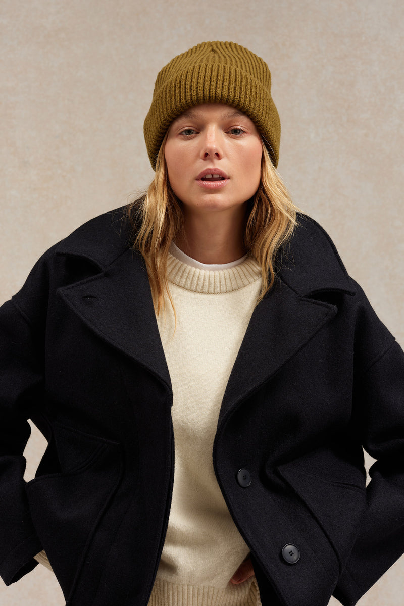 Bonnet Le Minor, laine mérinos olive extra-douce, collection Automne 2025