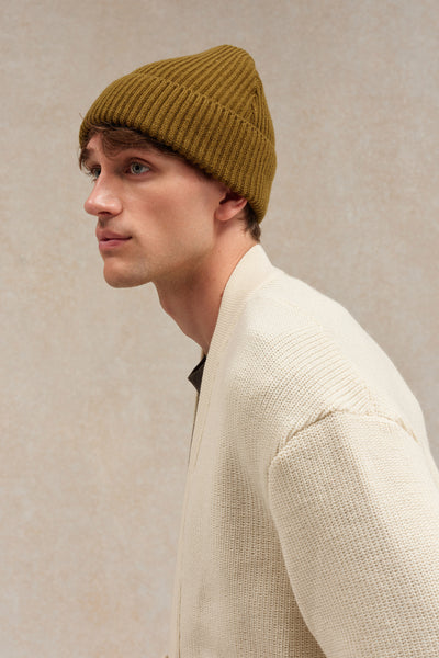 Bonnet extra-doux, olive kaki, fabrication bretonne chez Le Minor, automne 2025