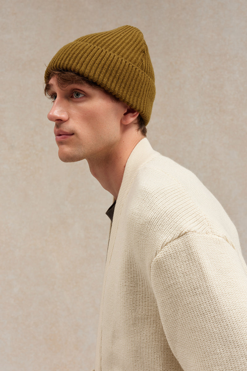 Bonnet extra-doux, olive kaki, fabrication bretonne chez Le Minor, automne 2025