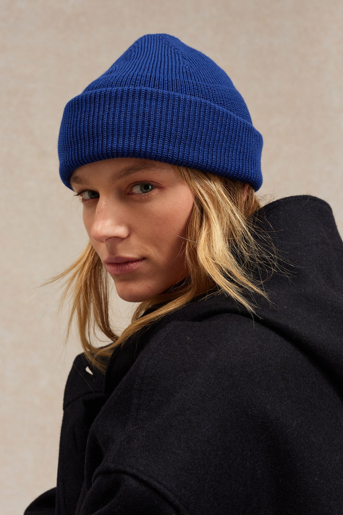 Women\'s French Style Double Layer Winter Autumn Warm, Soft Beanie Hat Navy Blue Beanie Blue Navy & Camel pompom | Soft Alpaca Beanies & Pom  main image 4