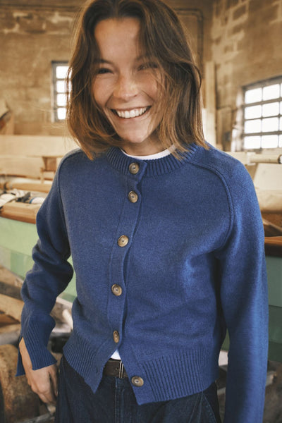 Women's denim blue merino wool cardigan