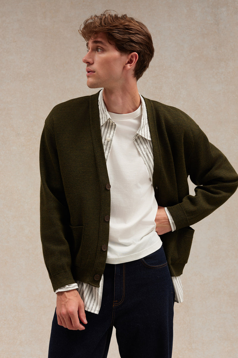 Men's olive green Milano knit cardigan | Le Minor