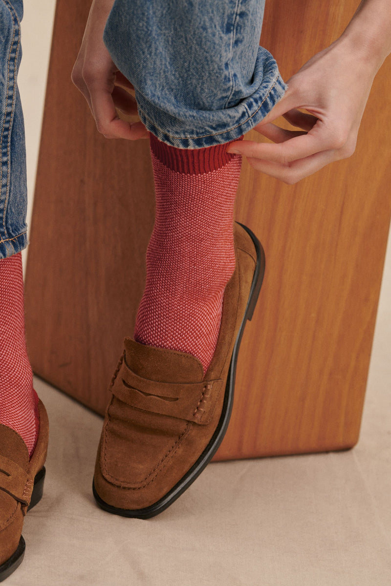 Burgundy and offwhite fleece socks