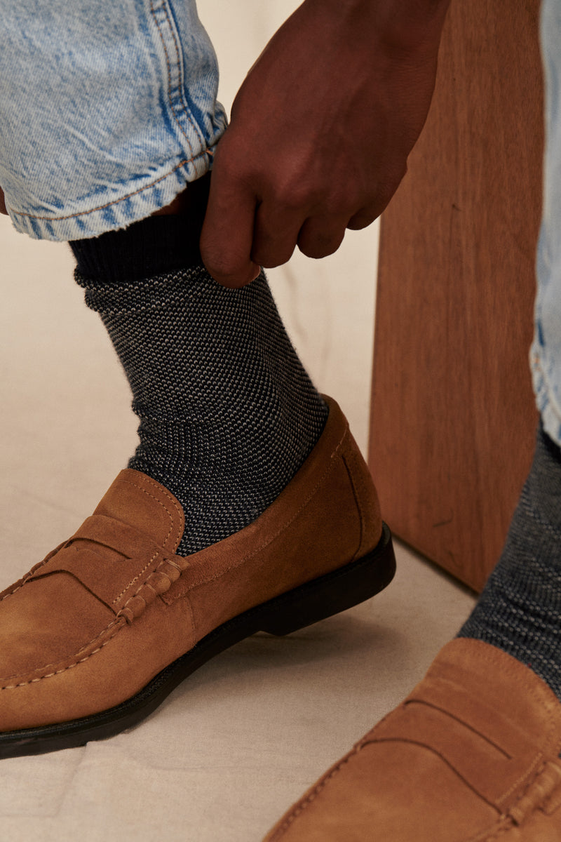 Navy blue and ivory fleece socks