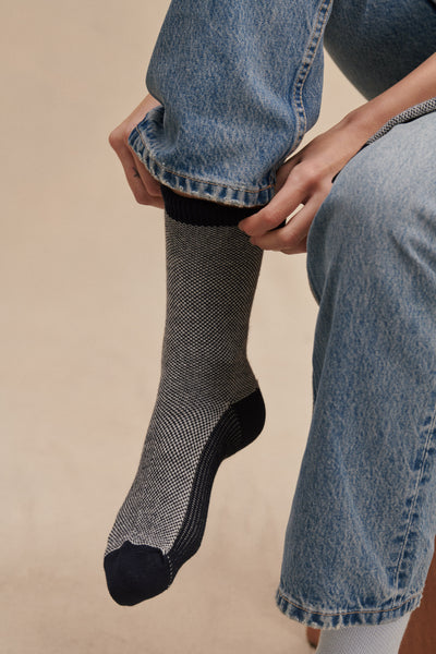 Navy blue and ivory fleece socks