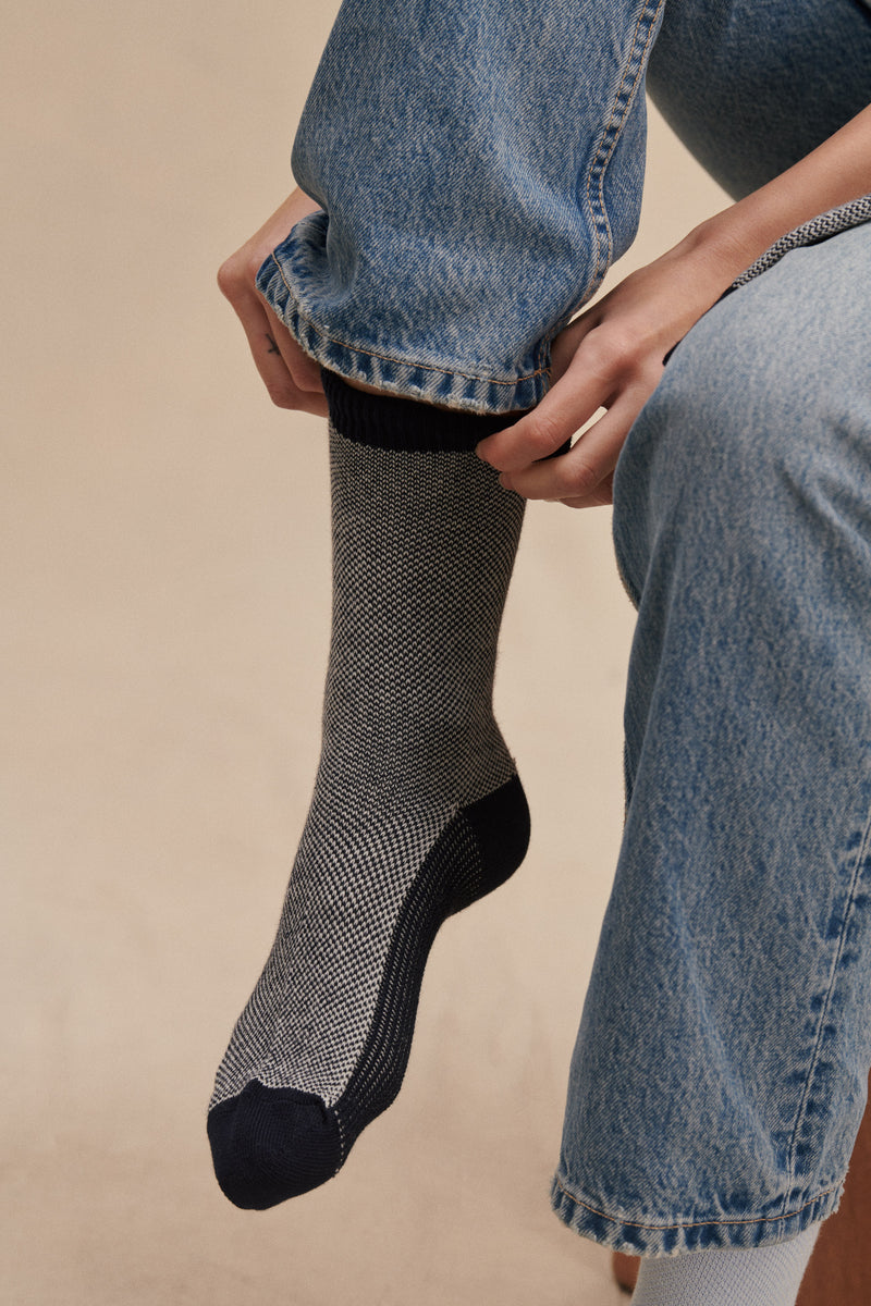 Navy blue and ivory fleece socks