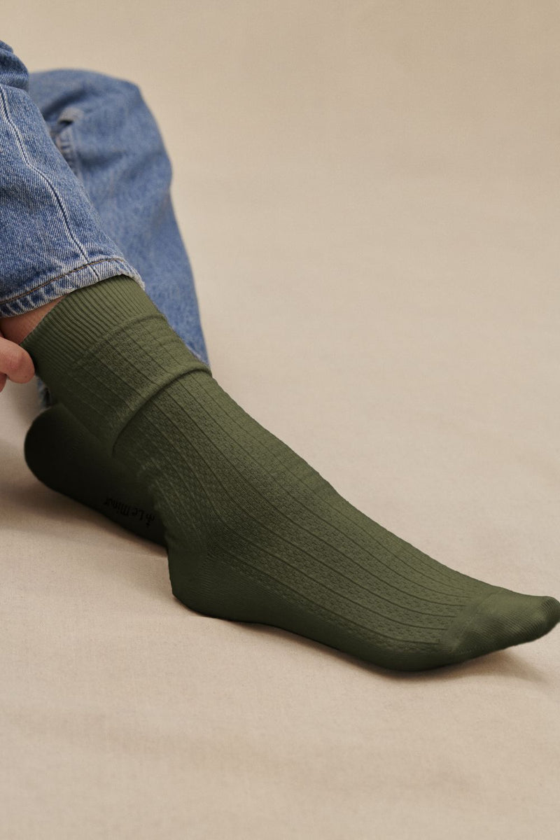 Olive khaki socks in fancy stitch