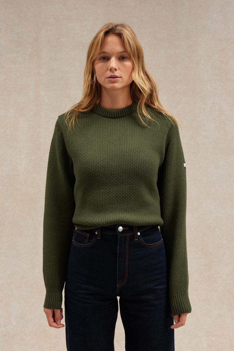 Pull Norvégien vert olive - col rond - laine mérinos - femme - Le Minor