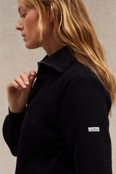 Women's navy blue trucker-neck sweater in virgin wool