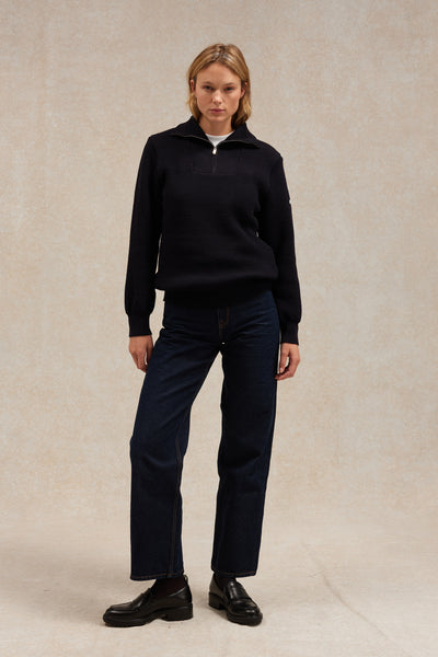 Women's navy blue trucker-neck sweater in virgin wool