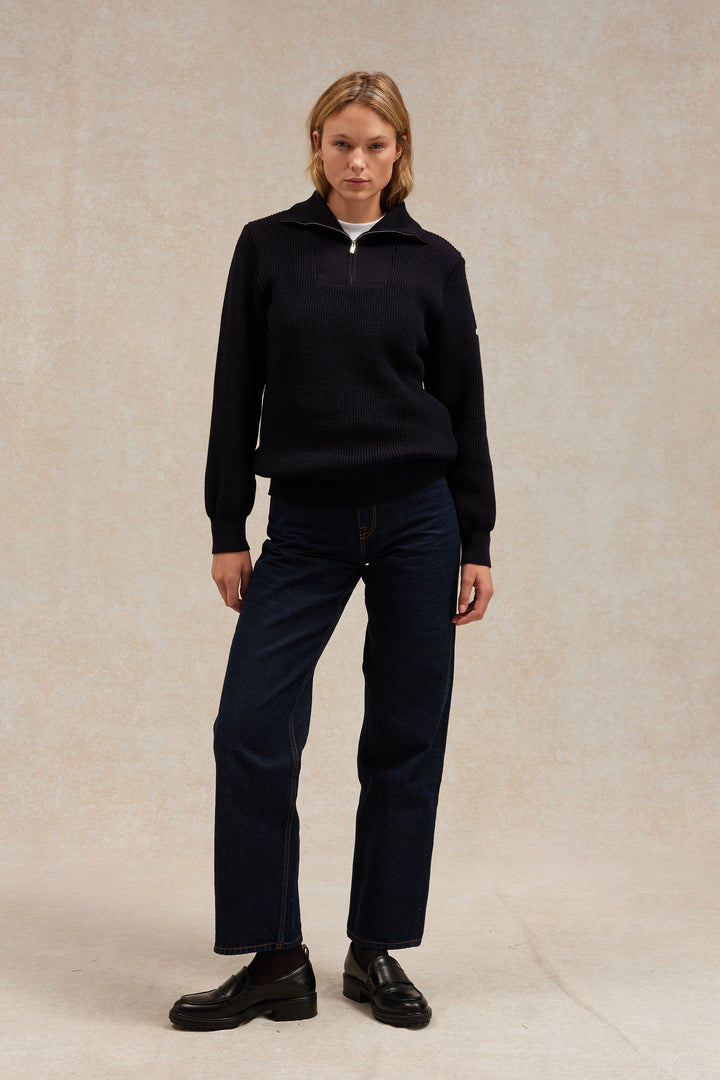 Pull camionneur bleu marine pour femme en laine vierge Le Minor