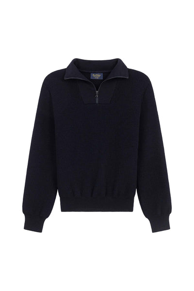 Women's navy blue trucker-neck sweater in virgin wool