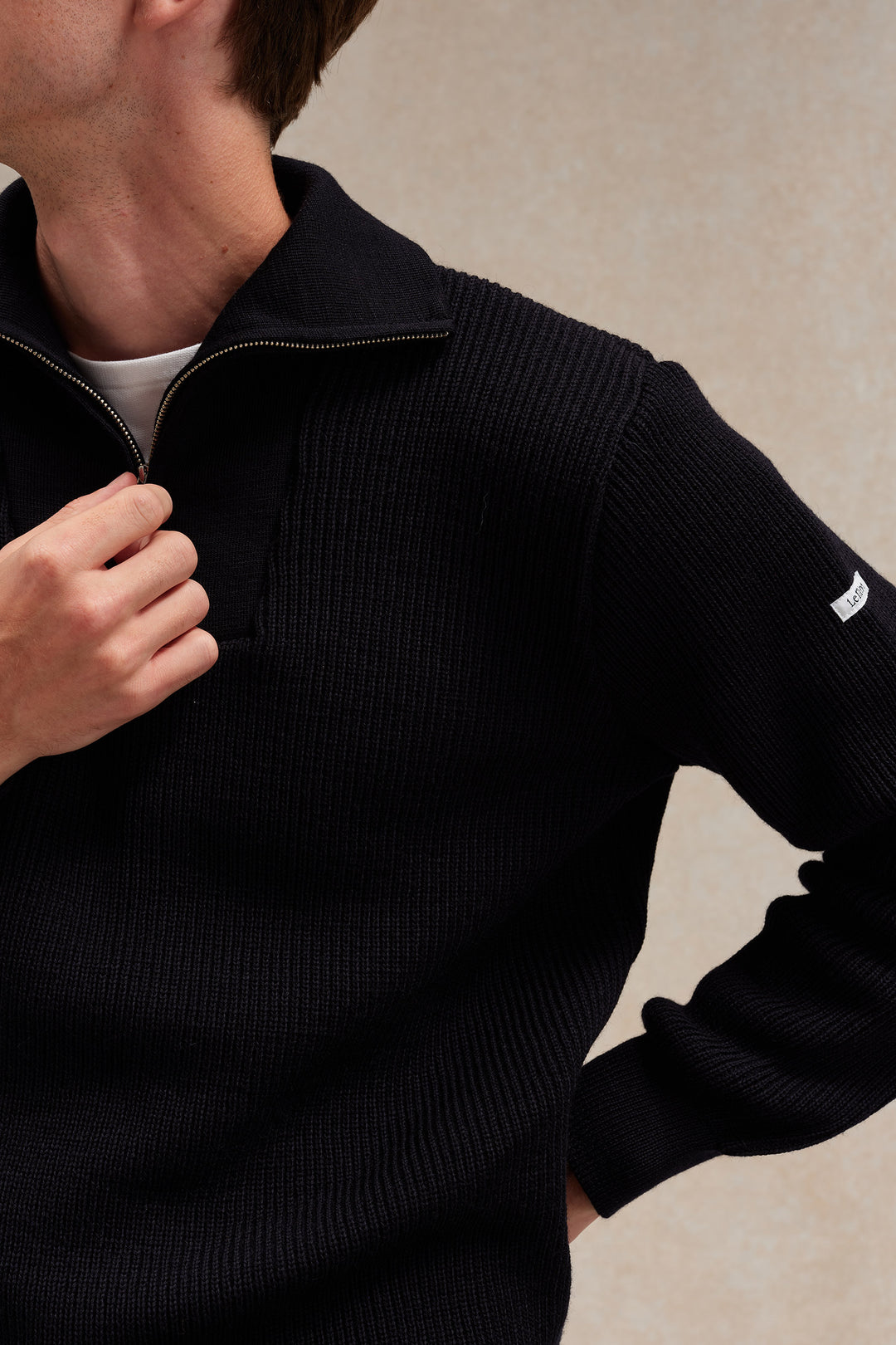 Men's navy blue trucker-neck sweater in virgin wool | Le Minor