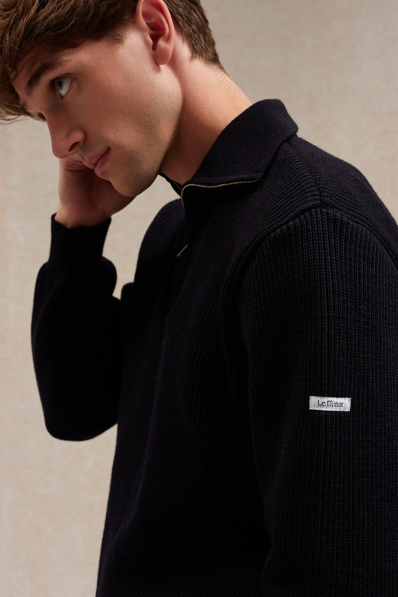 Pull camionneur bleu marine pour homme en laine vierge