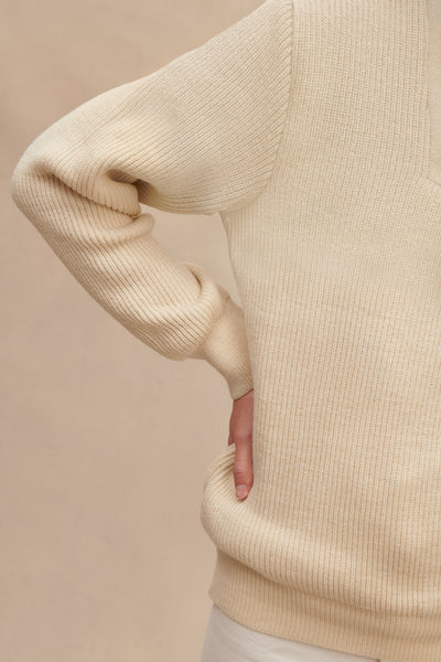 Women's offwhite trucker-neck sweater in virgin wool