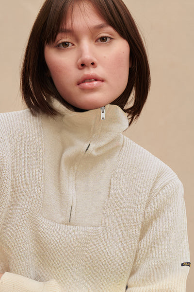 Women's offwhite trucker-neck sweater in virgin wool