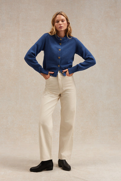 Cardigan bleu denim en laine mérinos pour femme