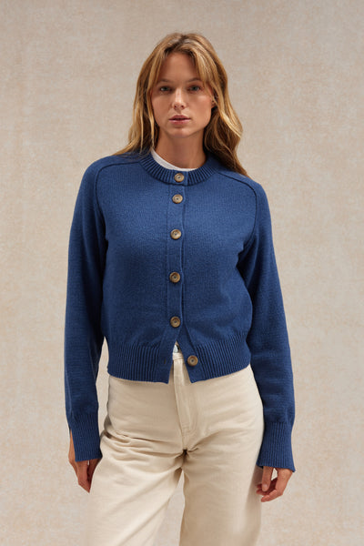 Cardigan bleu denim en laine mérinos pour femme