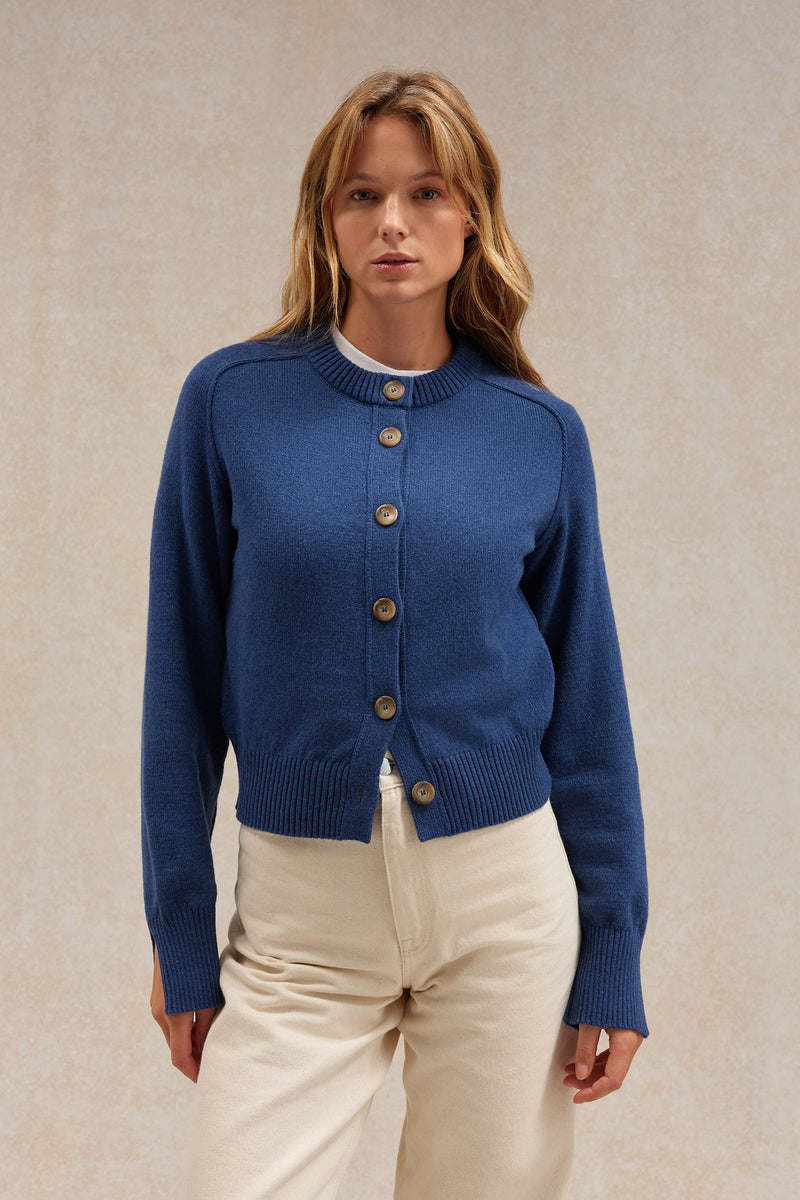 Cardigan bleu denim en laine mérinos pour femme