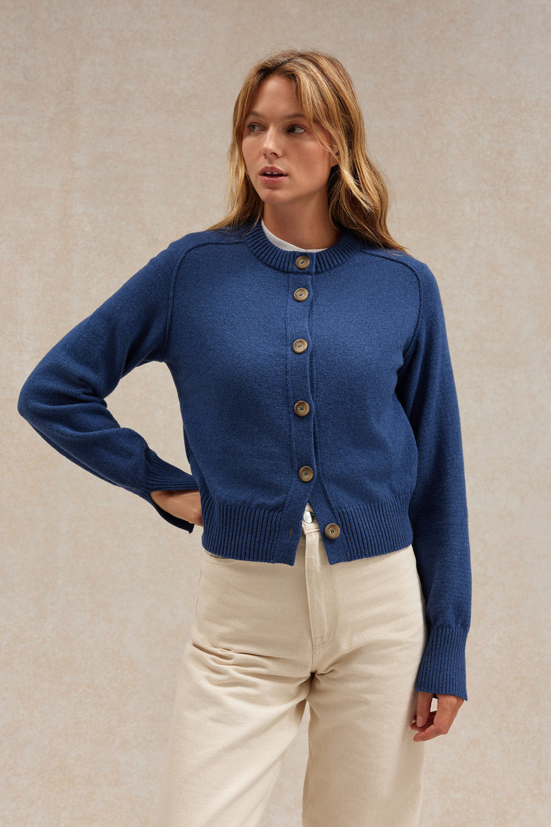 Cardigan bleu denim en laine mérinos pour femme