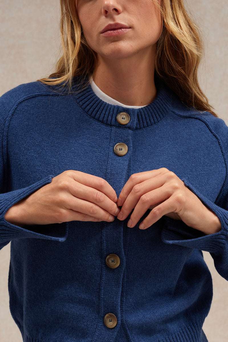 Cardigan bleu denim en laine mérinos pour femme