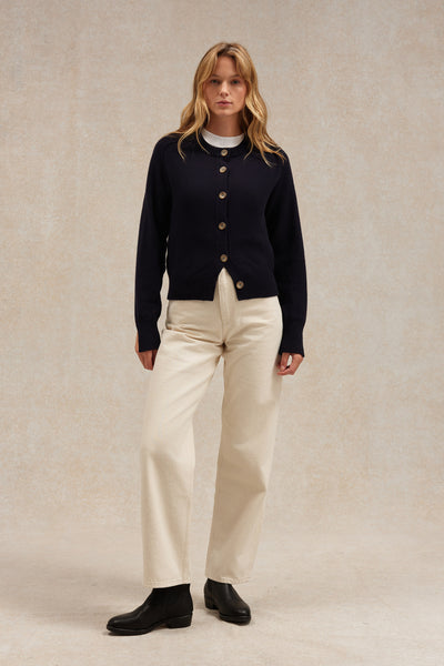 Cardigan bleu marine en laine mérinos pour femme