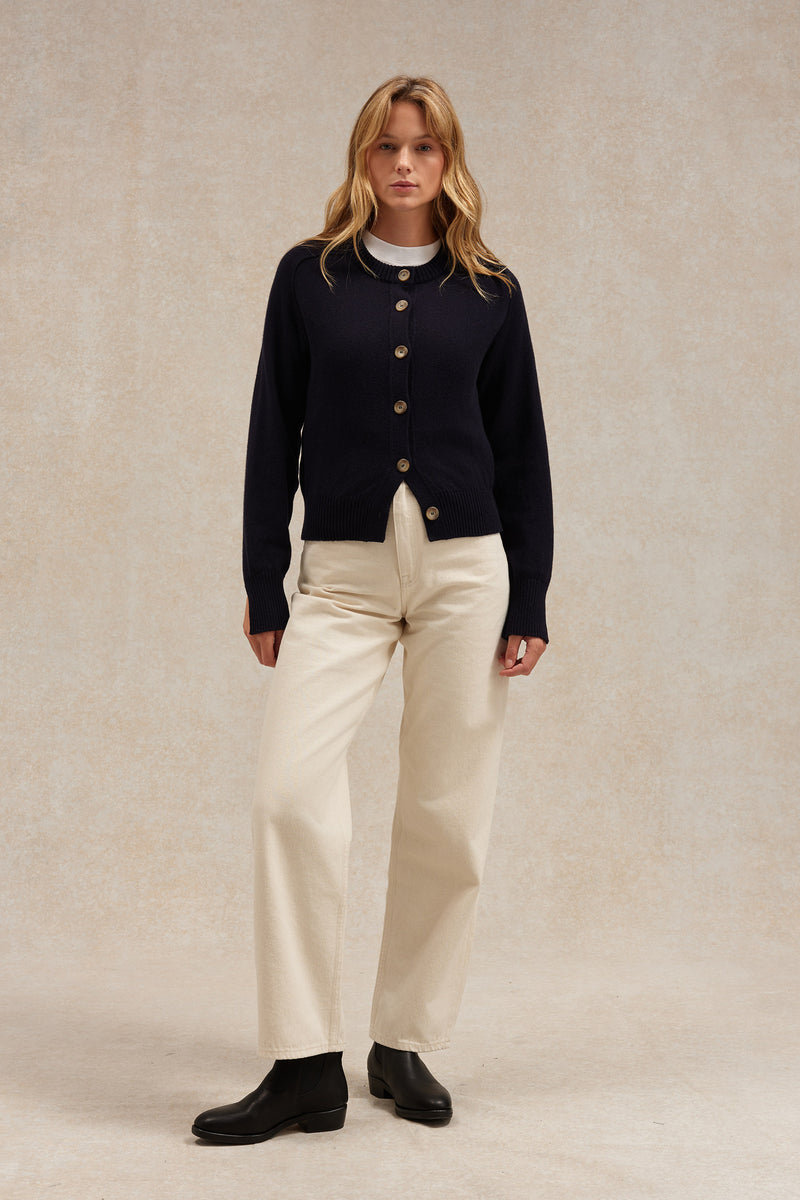 Cardigan bleu marine en laine mérinos pour femme